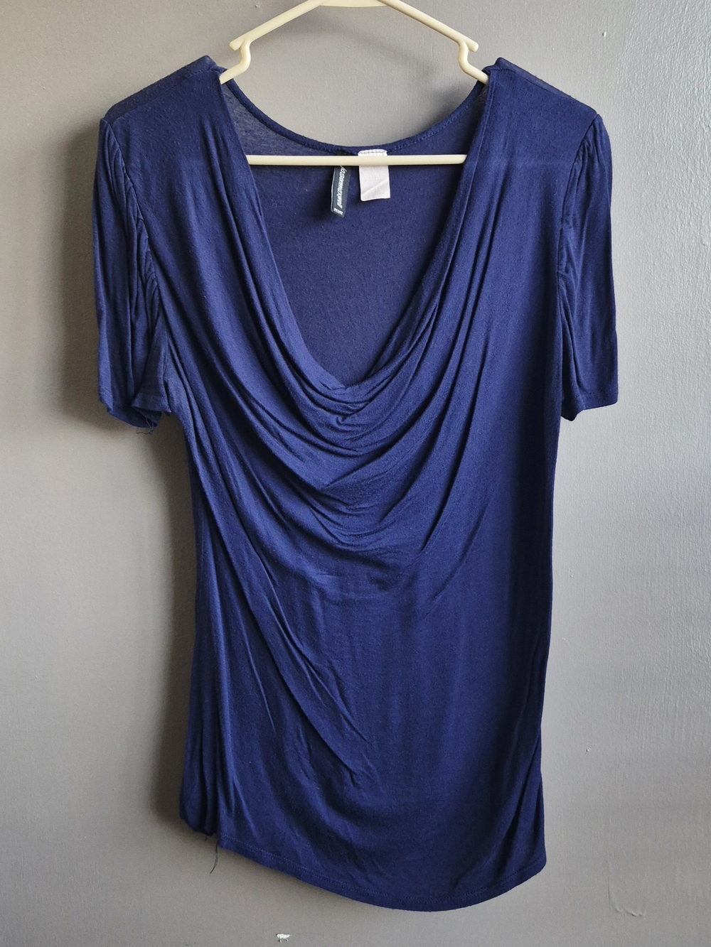 Navy Draped Cowl Neck Short Sleeve Top - Petite Large